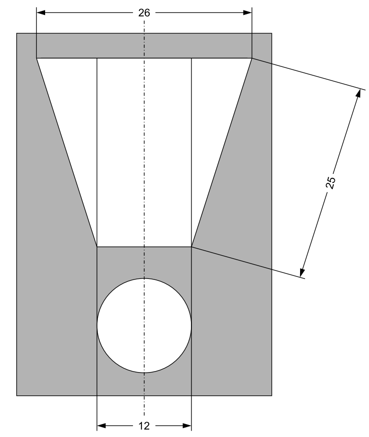 Technische Skizze eines symmetrischen Bauteils mit Maßen und Kreisöffnung.